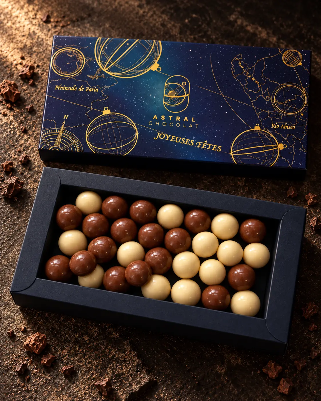 Coffret rectangle Astral Chocolat ouvert, rempli de billes de chocolat au lait et blanc, sous son couvercle bleu nuit et or « Joyeuses fêtes »