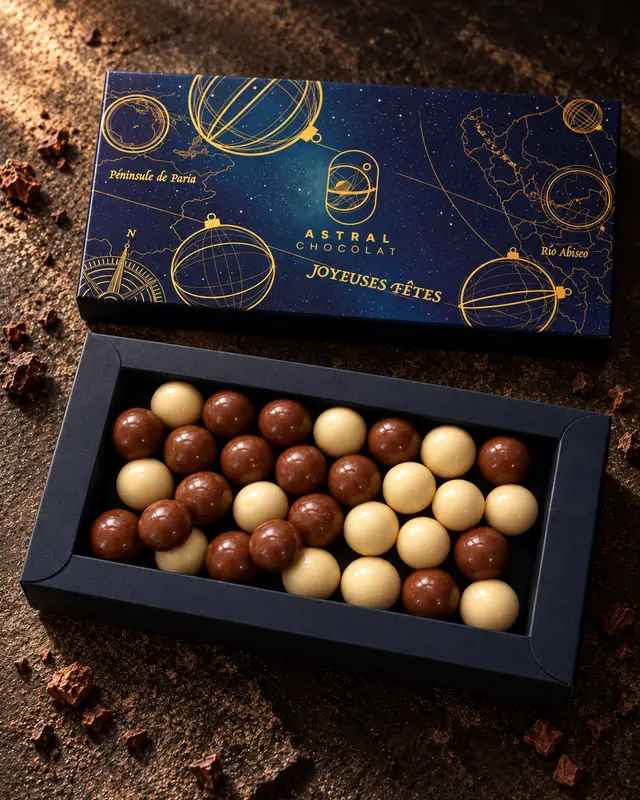 Coffret rectangle Astral Chocolat ouvert, rempli de billes de chocolat au lait et blanc, sous son couvercle bleu nuit et or « Joyeuses fêtes »