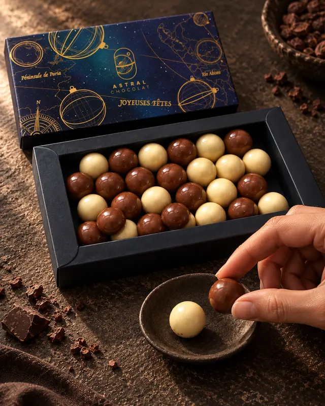 Coffret rectangle Astral Chocolat de billes de chocolat au lait et blanc ; une main prend une bille, une autre attend dans une coupelle