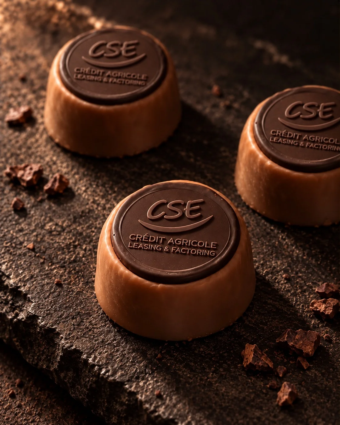 Simulation de bonbons personnalisés avec le logo du CSE Crédit Agricole Leasing & Factoring