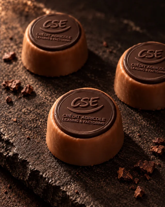 Simulation de bonbons personnalisés avec le logo du CSE Crédit Agricole Leasing & Factoring