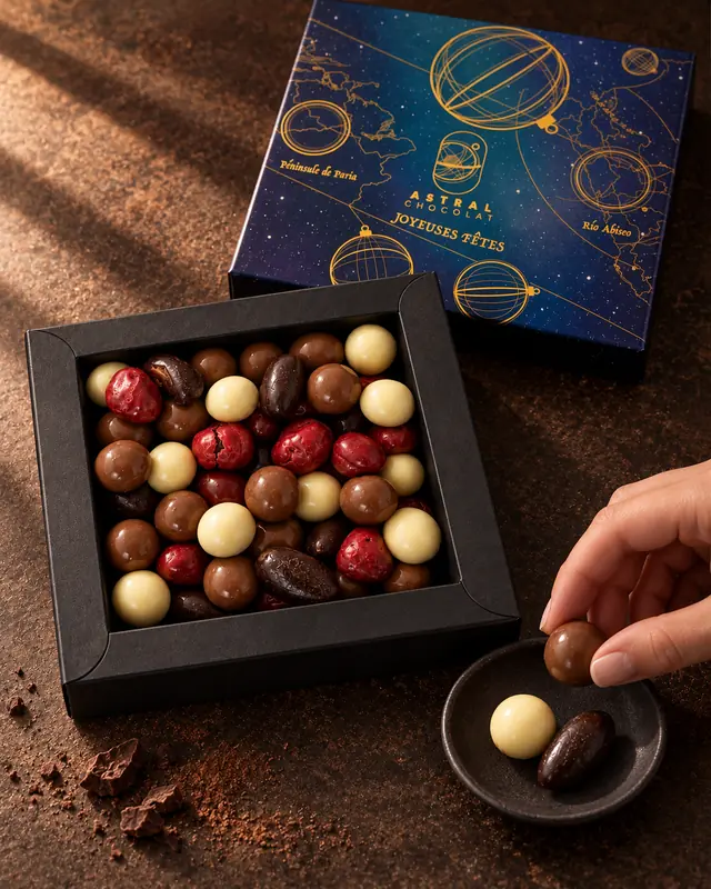 Coffret carré Astral Chocolat ouvert, rempli de billes de chocolat assorties ; une main en prend une, à côté d’une coupelle