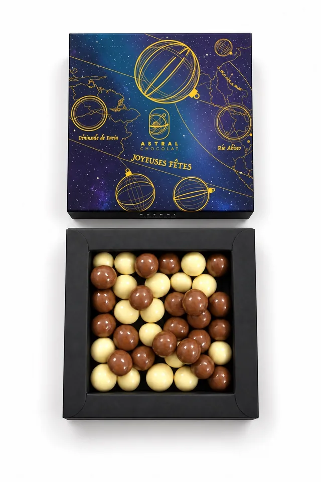 Coffret carré Astral rempli de billes de maïs soufflé enrobées de chocolat au lait et blanc