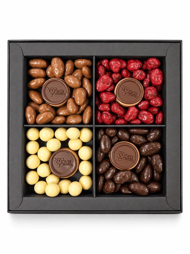 Coffret Astral à quatre cases de fruits enrobés, avec quatre bonbons pralinés au logo du CSE Worldline