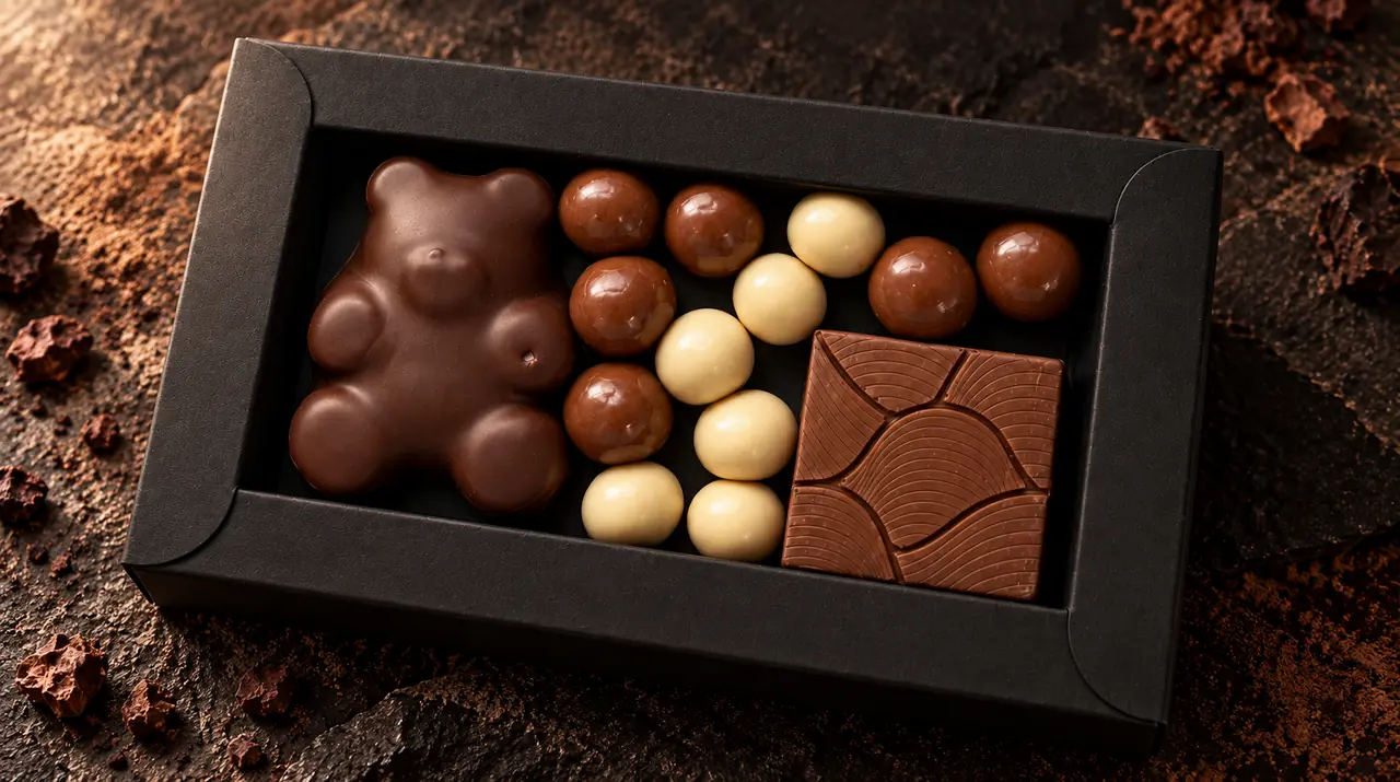 Coffret noir ouvert avec un ourson en chocolat au lait, des billes de chocolat au lait et blanc et un carré de chocolat