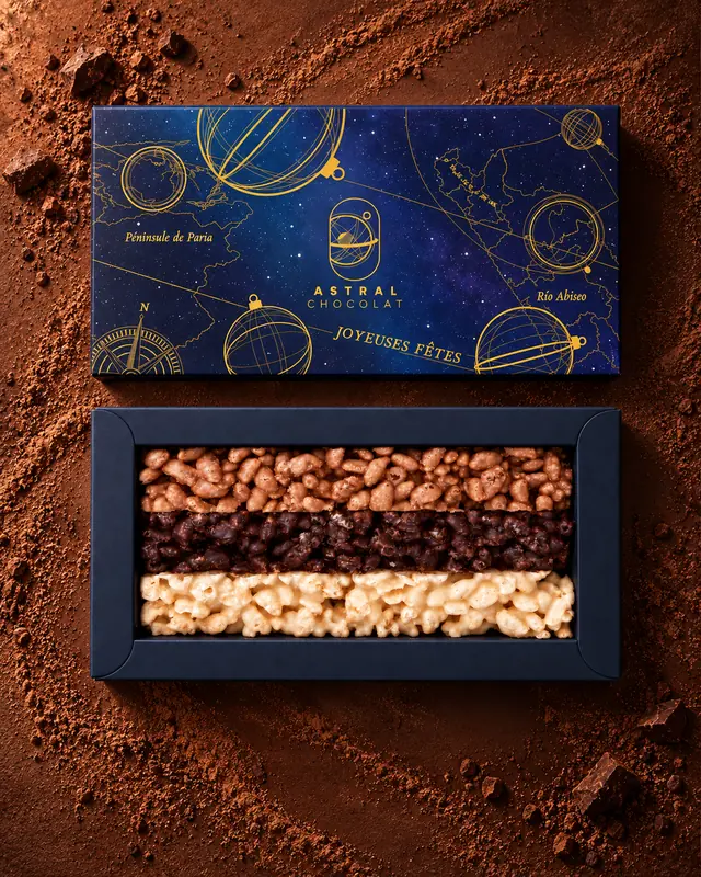 Coffret rectangle Astral Chocolat ouvert, avec trois barres de riz soufflé au chocolat au lait, noir et blanc, posé sur du cacao en poudre